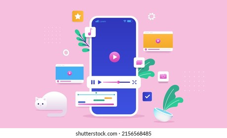 Editing videos on phone - Smartphone with movie edit app and decorative UI elements. Semi flat vector illustration