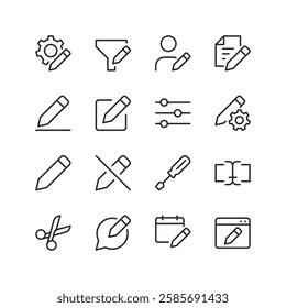 Editing and Writing, linear style icon set. Content creation, document editing, and collaboration tools. Text manipulation, settings, and online publishing. Editable stroke width