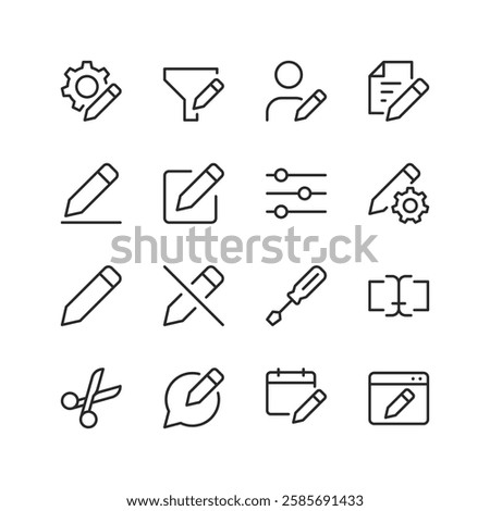 Editing and Writing, linear style icon set. Content creation, document editing, and collaboration tools. Text manipulation, settings, and online publishing. Editable stroke width