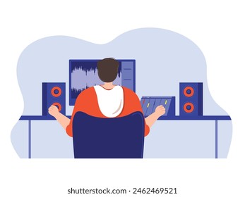 Editor is arranging music in the workplace, audio editing. Character design. Vector flat illustration