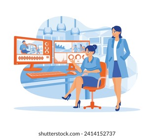 Editor and co workers work together at a digital multimedia company. Work on client recordings using post production software. Video Editor concept. Flat vector illustration.