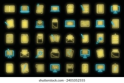 Conjunto de iconos de contenido del editor. Conjunto de esquema de iconos vectoriales de contenido de editor color neón en negro