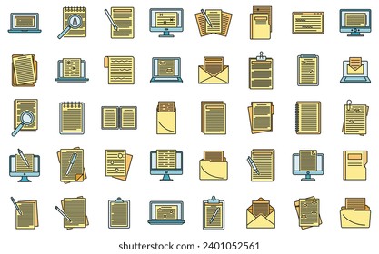 Editor content icons set. Outline set of editor content vector icons thin line color flat on white