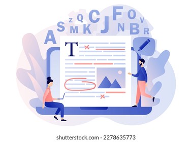 Editor and copywriting services online. Editing on laptop. Tiny people copywriters checking grammar and spelling document page. Modern flat cartoon style. Vector illustration on white background