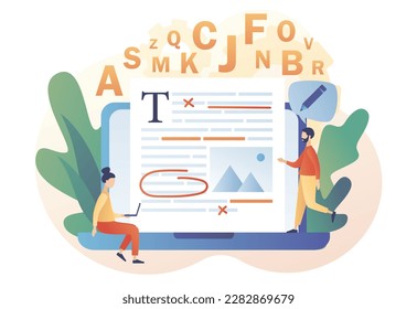 Editor and copywriting services online. Tiny people copywriters checking grammar and spelling document page. Editing on laptop. Modern flat cartoon style. Vector illustration on white background