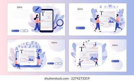 Servicios de edición y copywriter. Pequeños autores revisando la gramática y la página del documento de ortografía. Plantilla de pantalla para página de inicio, plantilla, ui, web, aplicación móvil, afiche, banner, volante. Vector 