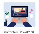 Editor editing several scenes that have been played by actors, using laptop to combine videos, film industry vector illustration.