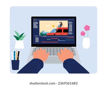 Editor editing several scenes that have been played by actors, using laptop to combine videos, film industry vector illustration.