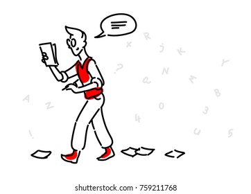  The editor in glasses writes an article. Vector image in a cartoon style. Illustration isolated on white background, ready for print and websites. Element and frame of the comics.