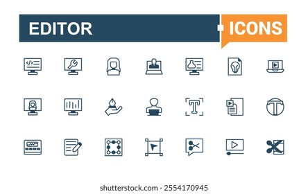 Editor icon set. Contains related to interface, adjust, ui, write, media, align and more. Collection for mobile and web apps. Vector illustration in modern line style.