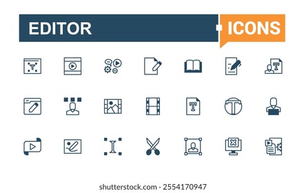 Editor icon set. Contains related to interface, adjust, ui, write, media, align and more. Collection for mobile and web apps. Vector illustration in modern line style.