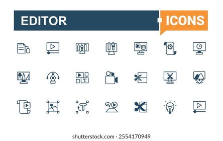 Editor icon set. Contains related to interface, adjust, ui, write, media, align and more. Collection for mobile and web apps. Vector illustration in modern line style.