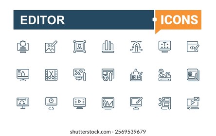 Editor icon set. Contains related to file, button, graphic, editing, element, website, write and more. Outline symbol collection. Editable vector stroke.