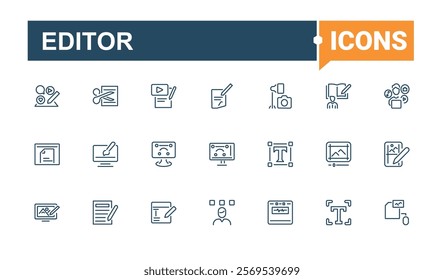 Editor icon set. Contains related to file, button, graphic, editing, element, website, write and more. Outline symbol collection. Editable vector stroke.