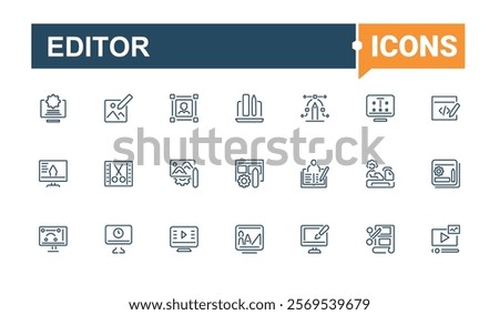 Editor icon set. Contains related to file, button, graphic, editing, element, website, write and more. Outline symbol collection. Editable vector stroke.