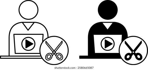 Editor Icons. Black and White Vector Icons. Man Sitting at Laptop Working with Text. Content Correction. Scissors and Player Button. Journalism Concept