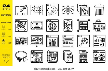 Editor-Symbole festgelegt. Satz von Editorsymbolen für das UI-Design einzeln. Gliederungssymbolsammlung. Bearbeitbarer Strich.