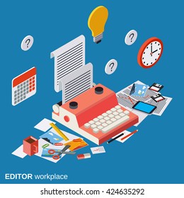 Editor, journalist, copywriter workplace flat isometric vector concept illustration