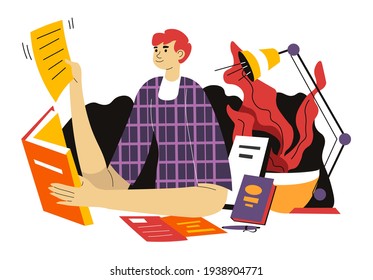 Editor or journalist working on article or text for blog. Male character sitting by table with books and publications, making notes and brainstorming. Workplace of specialist. Vector in flat style