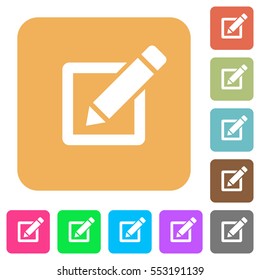 Editor with pencil flat icons on rounded square vivid color backgrounds.