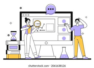 Editor work. Man and woman stand in front of computer screen and improve interface of program. Characters correct errors in articles. Cartoon flat vector illustration isolated on white background