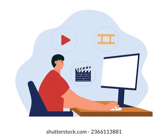 Editor working on a film to be produced, using a computer to work, film industry vector illustration.