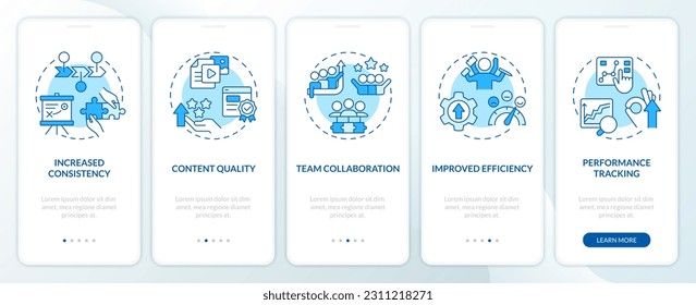 El calendario editorial tiene ventajas de la pantalla azul de aplicación móvil. Recorrido 5 pasos instrucciones gráficas editables con conceptos lineales. UI, UX, plantilla GUI. Multitud de tipos de letra Pro-Bold, con uso regular