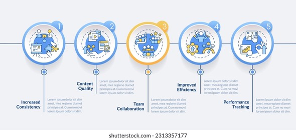 Editorial calendar advantages circle infographic template. Data visualization with 5 steps. Editable timeline info chart. Workflow layout with line icons. Lato-Bold, Regular fonts used
