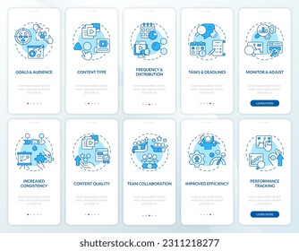 Calendario editorial azul incorporado aplicación móvil conjunto de pantalla. Recorrido de medios sociales de 5 pasos instrucciones gráficas editables con conceptos lineales. UI, UX, plantilla GUI. Multitud de tipos de letra Pro-Bold, con uso regular