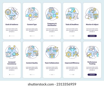 Calendario editorial a bordo de la pantalla de la aplicación móvil. Recorrido de estrategia de contenido 5 pasos instrucciones gráficas editables con conceptos lineales. UI, UX, plantilla GUI. Multitud de tipos de letra Pro-Bold, con uso regular