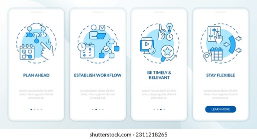 El calendario editorial da consejos a la pantalla azul de la aplicación móvil. Recorrido de administración de contenido 4 pasos instrucciones gráficas editables con conceptos de línea. UI, plantilla UX. Multitud de tipos de letra Pro-Bold, con uso regular