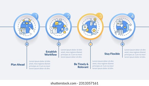 Editorial calendar tips circle infographic template. Content management. Data visualization with 4 steps. Editable timeline info chart. Workflow layout with line icons. Lato-Bold, Regular fonts used