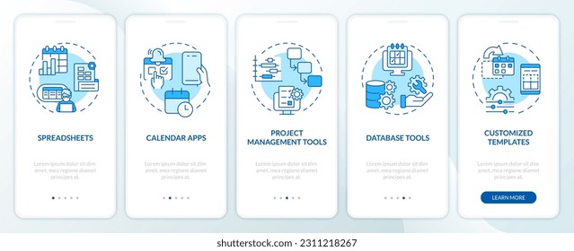 Herramientas editoriales de calendario pantalla azul de aplicación móvil. Publicar tutorial en línea 5 pasos instrucciones gráficas editables con conceptos lineales. UI, plantilla UX. Multitud de tipos de letra Pro-Bold, con uso regular