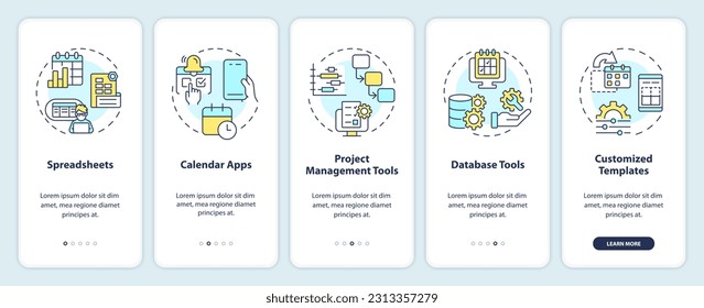 Herramientas de calendario editorial a bordo de la pantalla de aplicación móvil. Recorrido del plan de contenido 5 pasos instrucciones gráficas editables con conceptos lineales. UI, UX, plantilla GUI. Multitud de tipos de letra Pro-Bold, con uso regular