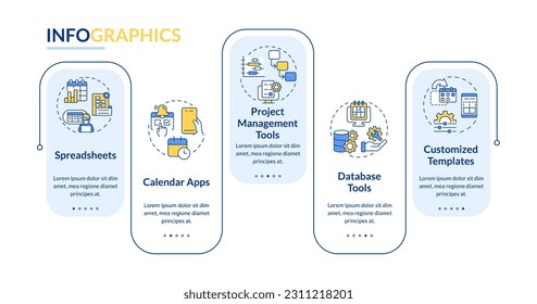 Editorial calendar tools rectangle infographic template. Content plan. Data visualization with 5 steps. Editable timeline info chart. Workflow layout with line icons. Lato-Bold, Regular fonts used