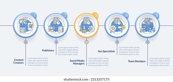 Editorial calendar users circle infographic template. Digital content. Data visualization with 5 steps. Editable timeline info chart. Workflow layout with line icons. Lato-Bold, Regular fonts used