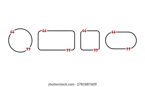 Editorial communication frame set, minimalist line style, quote marks, speech bubbles, text boxes, and talking shapes.