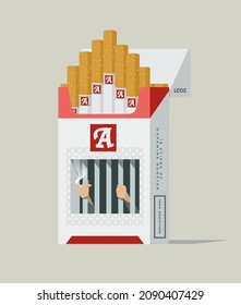 Editorial flat illustration about addiction of smoking and someone trapped in this dangerous behaviour
