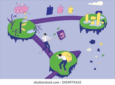 Editorial illustration with bank employees are trying to save the bank from the financial crisis. A piggy bank is losing money, a safe is falling into the hole, and roads lead to colorful doors.vector