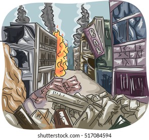 Redaktionelle Illustration mit einer Stadt, die in Ruinen zurückgelassen wird, nachdem sie Schlachtfeld geworden ist