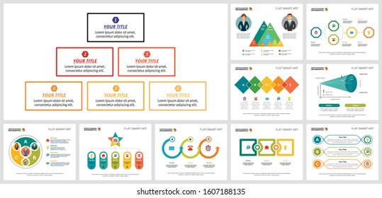 Editorial infochart layout set for workflow design, management analysis, presentation, web site. Business and development concept with flow diagram, area, process, and percentage charts.