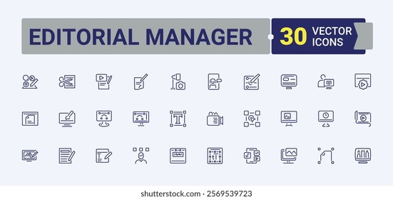 Editorial Manager linear icon collection. Featuring internet, social, element, note, interface, tool, media and more. Pixel perfect. Editable stroke. Vector illustration.