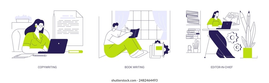 Editorial services abstract concept vector illustration set. Copywriting and copyediting remote job, book writing, editor in chief and publishing service, self-employed people abstract metaphor.