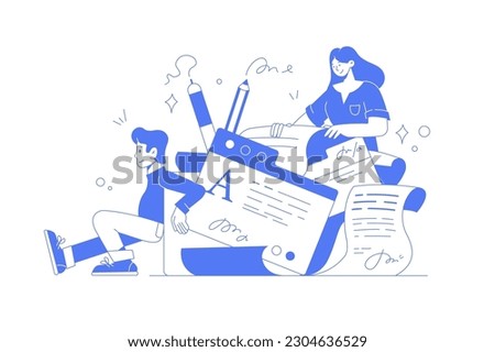 Editorial services abstract concept vector illustration set. Copywriting and copyediting remote job, book writing, editor in chief and publishing service, self-employed people abstract metaphor.