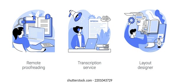 Editorial services isolated cartoon vector illustrations set. Remote proofreading, editor checking text online, transcription freelance job, layout designer create magazine or book vector cartoon. - Shutterstock ID 2201043729