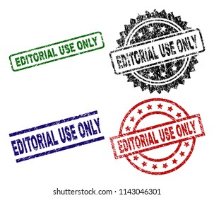 EDITORIAL USE ONLY seal prints with damaged surface. Black, green,red,blue vector rubber prints of EDITORIAL USE ONLY text with dirty surface. Rubber seals with circle, rectangle, medallion shapes.