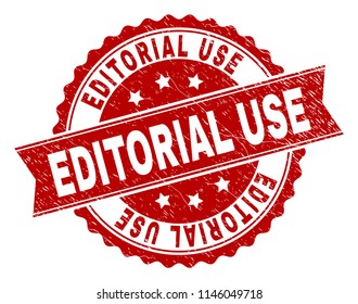 EDITORIAL USE seal print with distress texture. Rubber seal imitation has round medal shape and contains ribbon. Red vector rubber print of EDITORIAL USE title with dust texture.