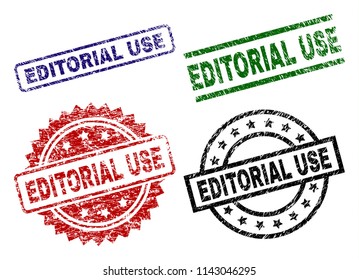 EDITORIAL USE seal prints with damaged style. Black, green,red,blue vector rubber prints of EDITORIAL USE caption with dirty style. Rubber seals with circle, rectangle, rosette shapes.