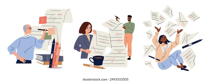 Editors checking texts. Man and woman copywriters checking text for grammatical errors, correcting mistakes, editing documents and reviewing essays. Flat vector illustration set isolated on background