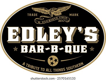 'Edley's Bar-B-Que.' It's oval-shaped with a black background and gold and white text. At the top, there's an eagle with 'Trade Mark' on either side and 'E Pluribus Unum' below. 